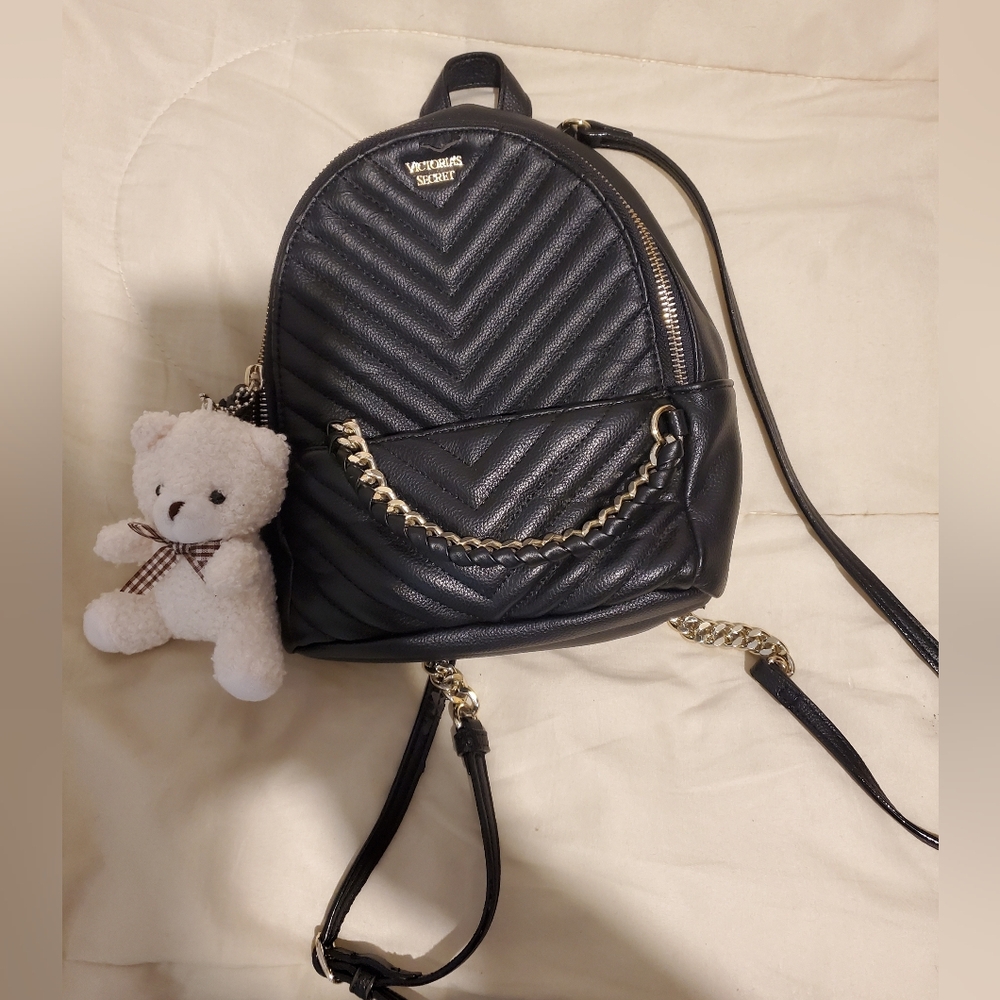 Victorias Secret black mini backpack with gold-like chain accent